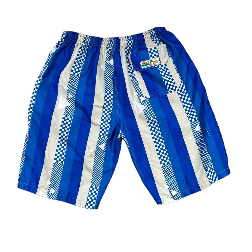 Blue and White Geometric Striped Board Shorts / Swim Trunks